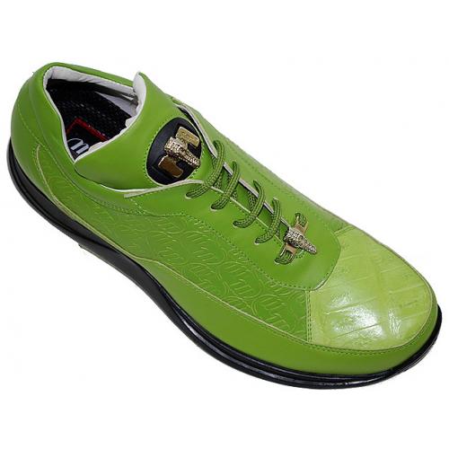 Mauri 8900 Lime Green Genuine Alligator And Mauri Embossed Nappa Leather Sneakers With Silver Mauri Alligator Head